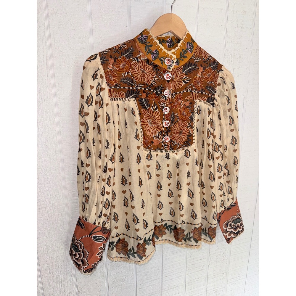 Farm Rio Ainika Floral Blouse Womens Beige Brown Embroidered Cotton M - Picture 3 of 8